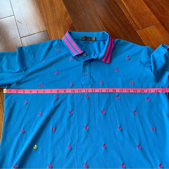 G/FORE Embroidered Piqué Golf Polo Shirt Blue Neon Pink Skull Striped Collar L - Picture 13 of 14